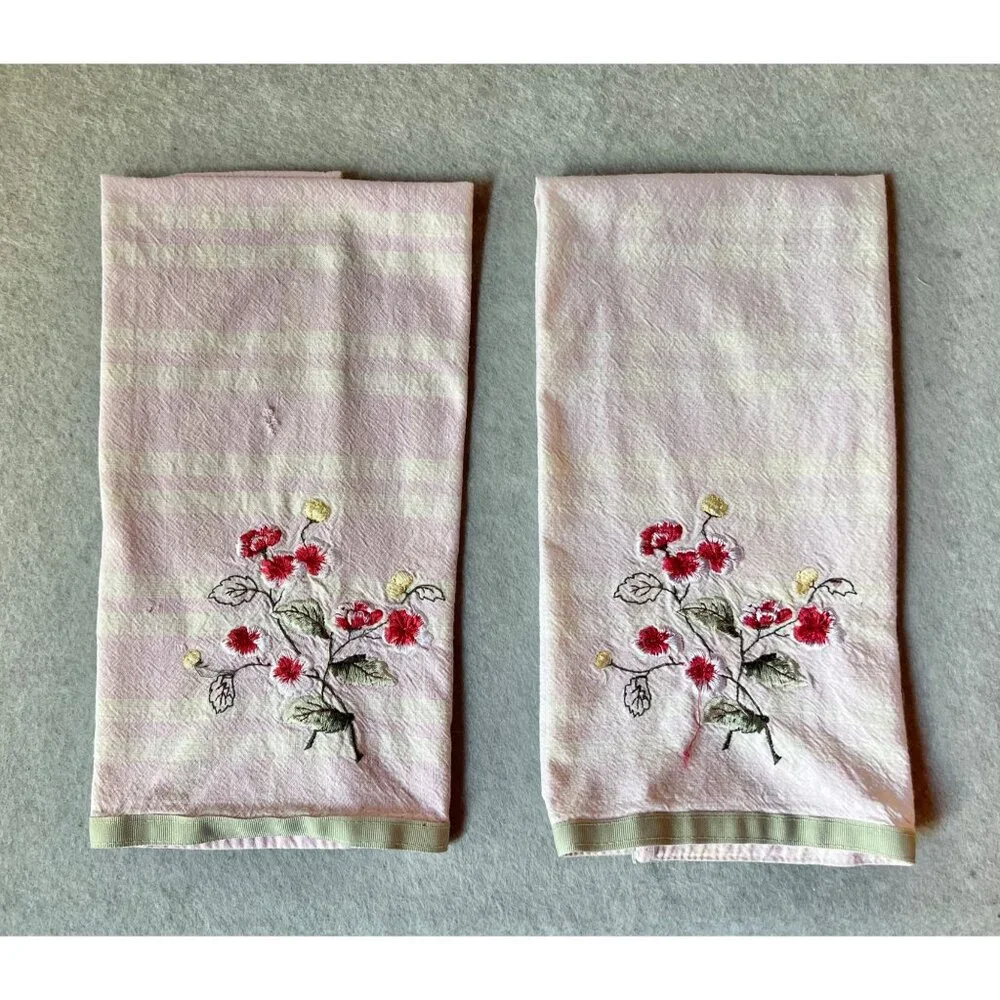 Laura Ashley Embroidered Floral Cotton Tea Towels Set Green Ribbon Trim VTG
